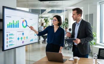 Business owner discussing bespoke software dashboard with a developer in a modern office