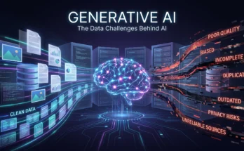 Generative AI neural network surrounded by large datasets representing data quality, bias, privacy, and reliability challenges