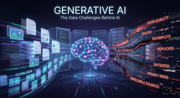 Generative AI neural network surrounded by large datasets representing data quality, bias, privacy, and reliability challenges