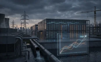 Massive AI data center illustrating electricity, water, infrastructure, and financial risks