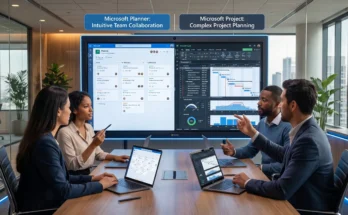 Microsoft Planner and Project comparison showing team tasks, timelines, dependencies, and project planning