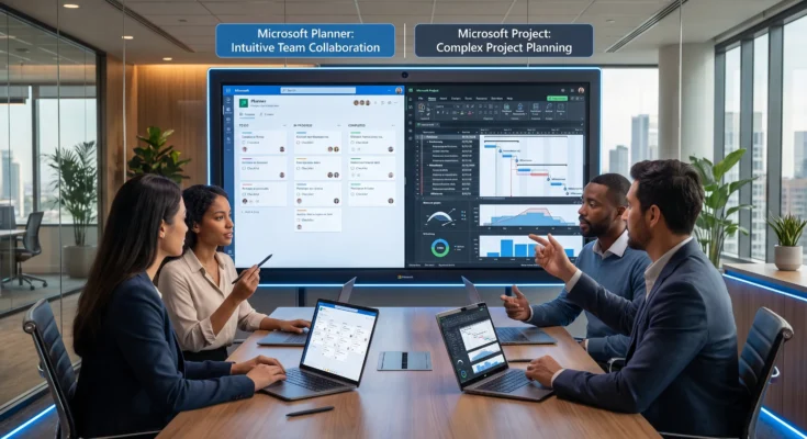 Microsoft Planner and Project comparison showing team tasks, timelines, dependencies, and project planning